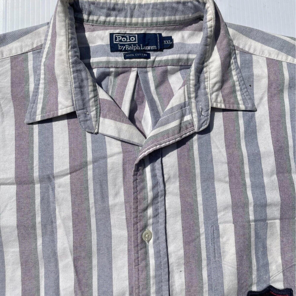 Vtg 90s Polo Ralph Lauren Cookie Crest Button Up Shirt Mens 2XL Patch Striped - Picture 4 of 7